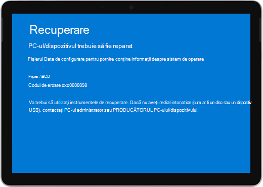 Un ecran albastru cu titlul "Recuperare" și un mesaj care spune că dispozitivul dvs. trebuie reparat.