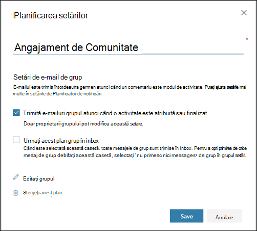 Captură de ecran: Afișând setarea "Trimiteți e-mail către grupul planului..." pentru setările planului