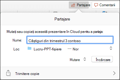 Casetă de dialog care oferă posibilitatea de a încărca prezentarea în spațiul de stocare Microsoft din cloud, pentru o partajare fără probleme.