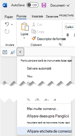 Meniul vertical Bară de instrumente Acces rapid, selectați Afișare etichete de comenzi