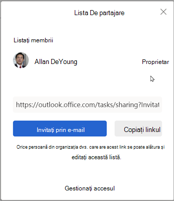 Puteți alege să invitați prin e-mail sau să copiați linkul pentru a partaja lista cu alte persoane.