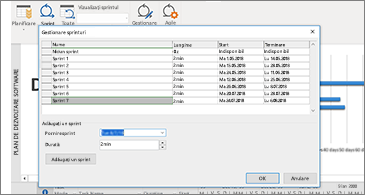 Caseta de dialog Gestionare sprint în prim-plan și proiectul în fundal