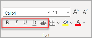 Secțiunea Font din fila Pornire, cu efecte evidențiate.