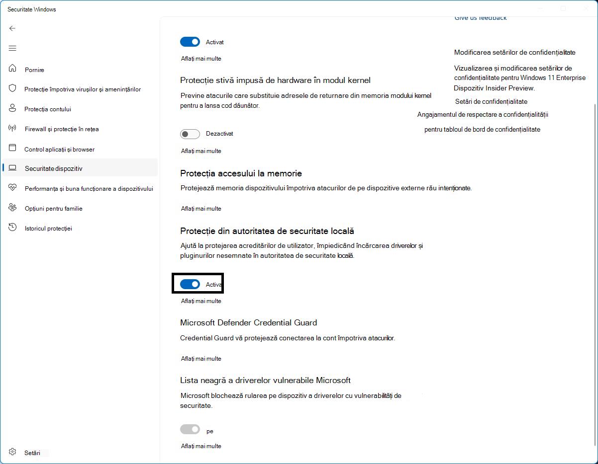 Control pentru protecția LSA pe pagina Izolare nucleu din aplicația Securitate Windows