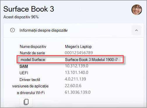 Găsirea numelui de model al dispozitivului Surface în aplicația Surface.