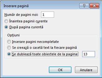 Casetă de dialog pentru inserarea unei pagini Publisher