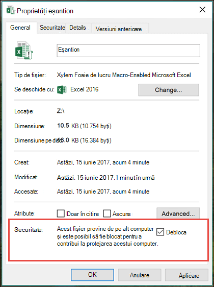 Faceți clic dreapta pe fișier în Windows Explorer pentru a debloca macrocomenzile.