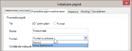 Captură de ecran cu Inițializare pagină > Proprietăți pagină cu Fundal vervă selectat din lista verticală Fundal