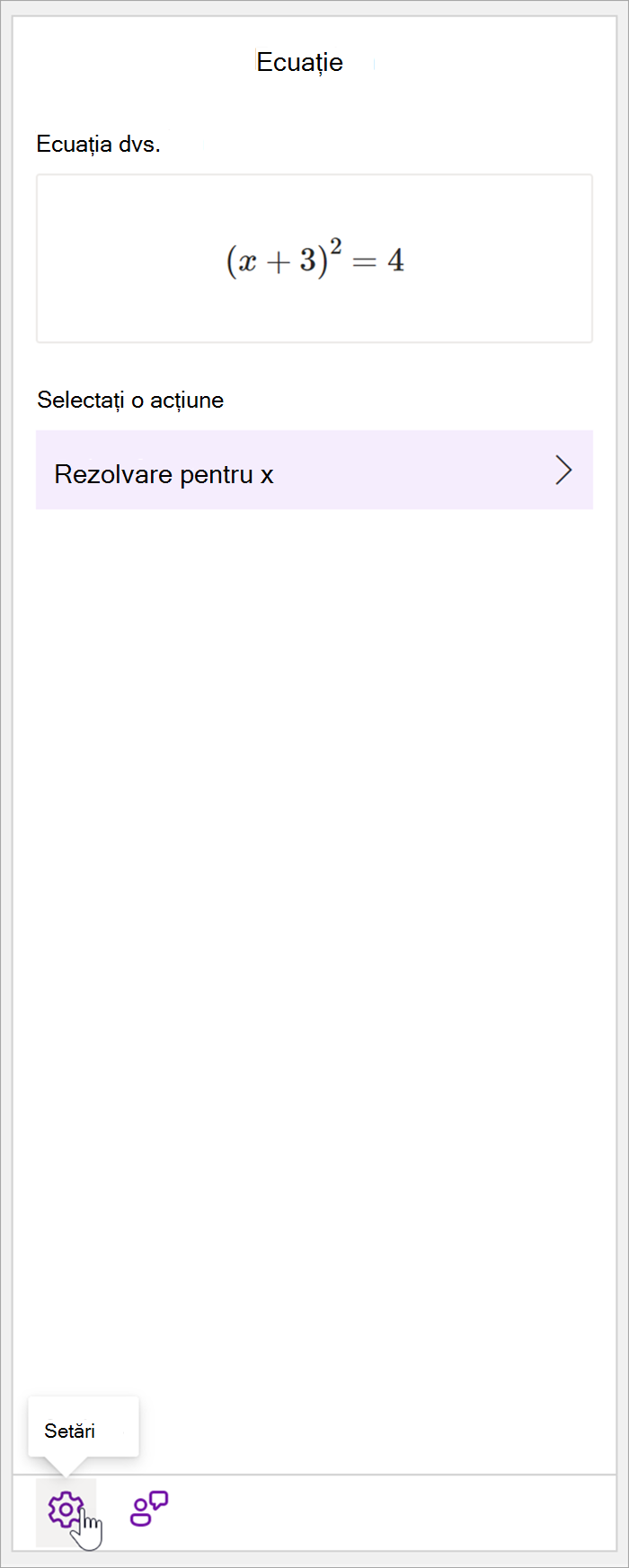 captură de ecran a panoului matematic onenote pentru desktop cu ecuația (x+3)^2=4. În secțiunea Selectați o acțiune, singura acțiune disponibilă este Solve fore x.