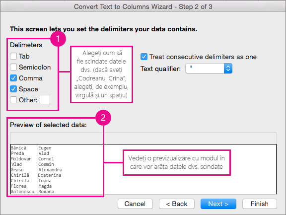 Step 2 in the wizard, Under Delimeters, pick how your data is split; Under Preview, you can see a preview of your data