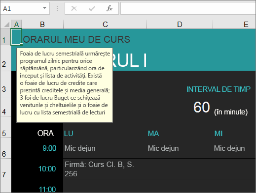 Șablonul Manager cursuri universitare Excel nou cu descrieri pentru elemente.