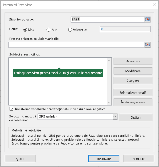 Imagine a casetei de dialog Rezolvitor Excel 2010+