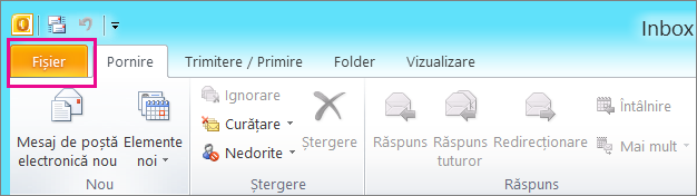 În Outlook 2010, alegeți fila Fișier.