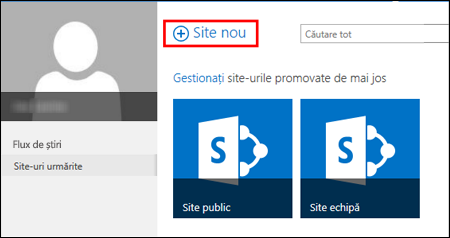 Pagina Site-uri din SharePoint Online, afișând butonul Site nou