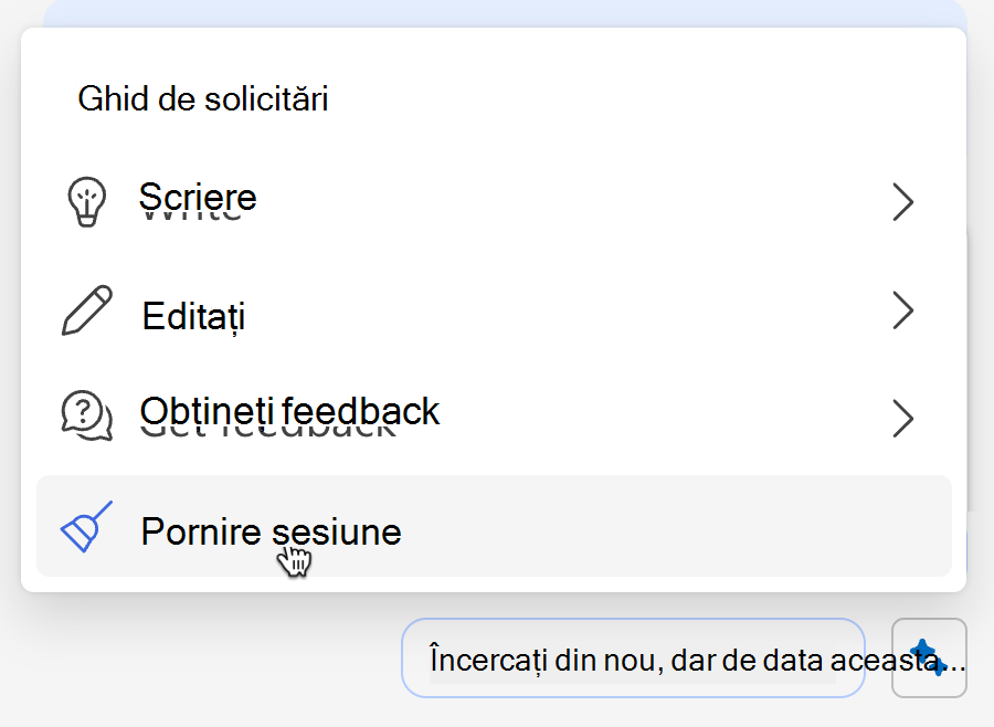 Captura de ecran arată cum să goliți memoria lui Copilot din meniul cu scântei.