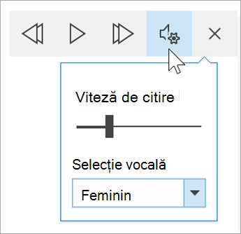 captură de ecran a barei de instrumente cu opțiunile vocale Immersive Reader. Mouse-ul trece cu mouse-ul peste setări, dezvăluind un comutator pentru viteza de citire și lista verticală pentru selectarea vocii