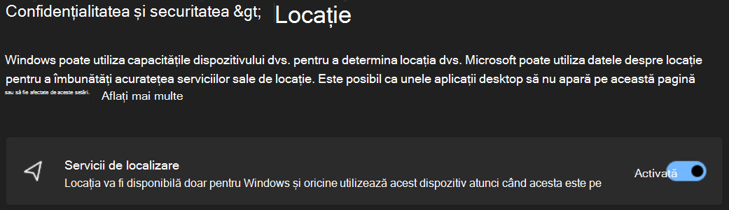 Imagine afișând ecranul Locație de securitate & confidențialitate.