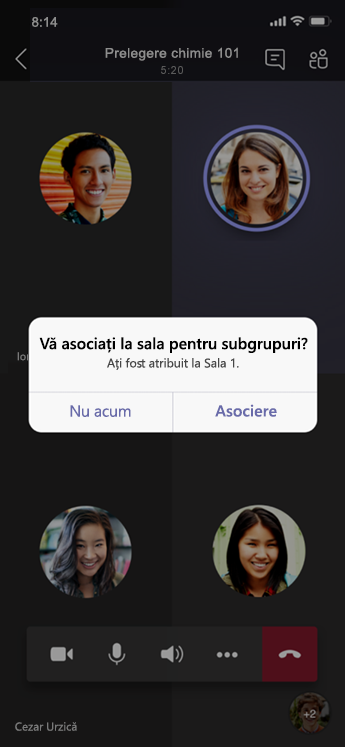 Caseta de dialog Asociați-vă la sala pentru subgrupuri pe dispozitivul mobil.