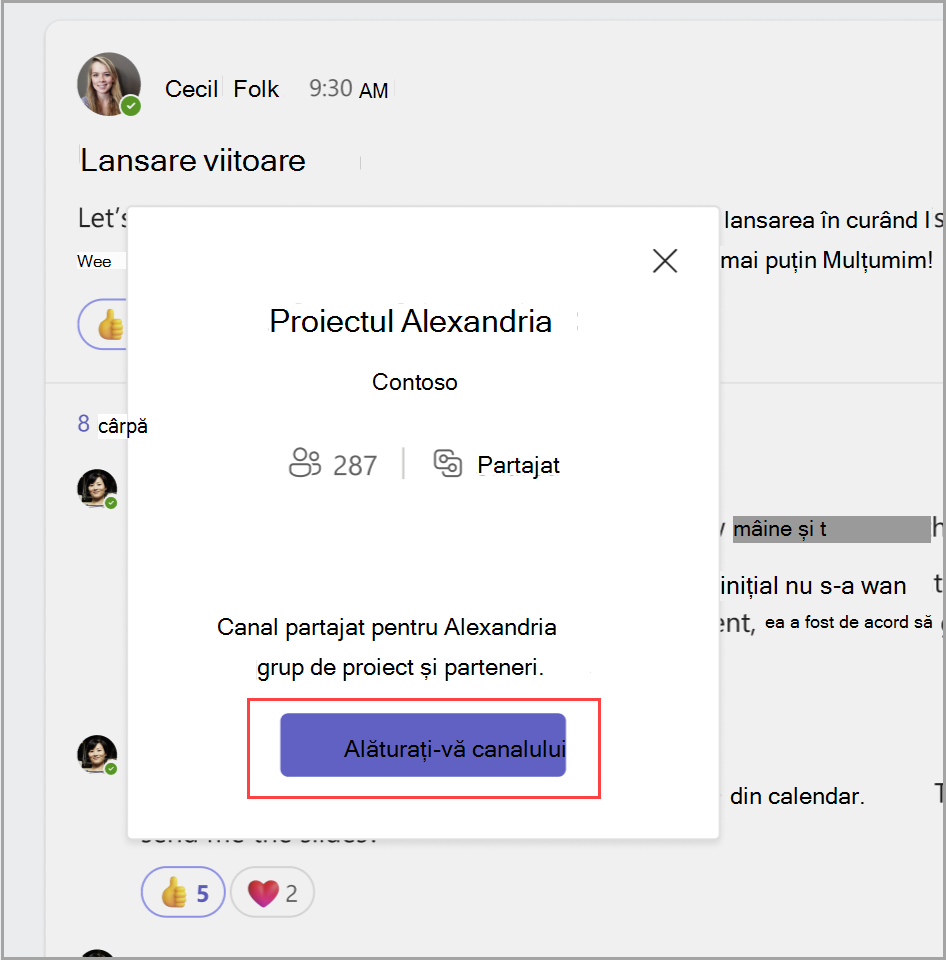 Asociați-vă la un canal partajat selectând Alăturați-vă canalului după ce faceți clic pe linkul către mesaj.