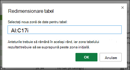 Redimensionați tabelul de dialog