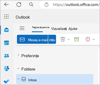 Captură de ecran afișând Outlook pe pagina de pornire web