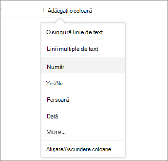 Faceți clic pe Adăugare coloană, apoi selectați din listă