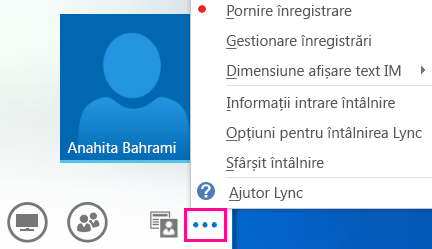 Captură de ecran cu mai multe opțiuni dintr-o întâlnire Lync