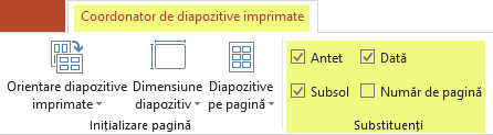 Debifați o casetă de selectare, cum ar fi Antet, pentru a elimina caracteristica din diapozitivele imprimate.