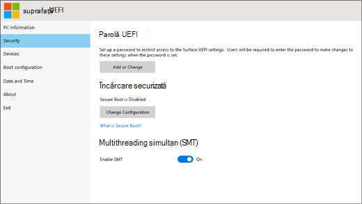 Captură de ecran a ecranului Securitate din Surface UEFI.