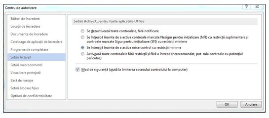 Zona Setări ActiveX din Centrul de autorizare