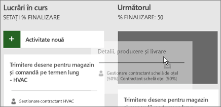 Captură de ecran cu mutarea unei activități dintr-o coloană a Panoului de activități în alta.