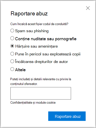 Captură de ecran a casetei de dialog Raportare abuz în OneDrive