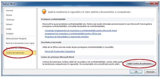 Opțiuni Word afișând Setări Centru de autorizare