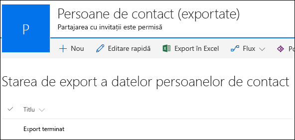 Listă SharePoint cu înregistrarea intitulată Export finalizat