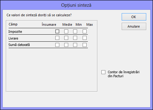 Selectați cum doriți să se calculeze valorile de sinteză în caseta de dialog Opțiuni sinteză
