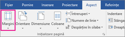 Opțiunea Margini este evidențiată pe fila Aspect.