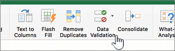 Meniu de date din bara de instrumente Excel cu Validare date selectată