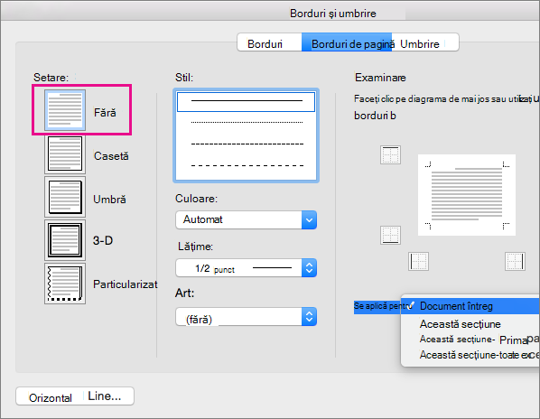 Fila Bordură pagină cu setarea Fără evidențiată.