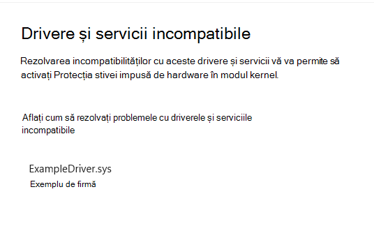 Pagină de drivere și servicii incompatibile pentru Protecție stivă impusă de hardware în modul kernel în aplicația Securitate Windows, cu un driver incompatibil afișat. Driverul incompatibil se numește ExampleDriver.sys, publicat de "Example Company".