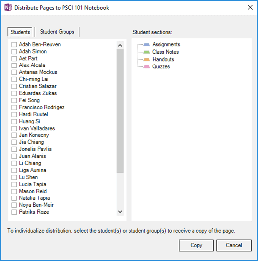 Distribuirea panoul pagini cu o listă de nume de elevi/studenți individuale cu casetele de selectare și o listă de secțiuni din blocnotes destinație elev/student. Butoanele pentru a copia sau a anula.