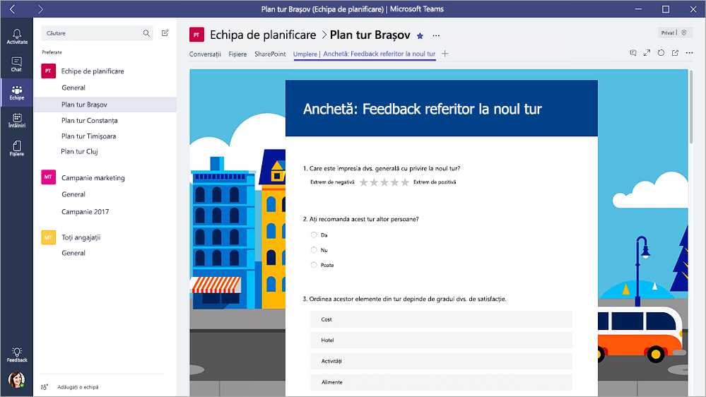 Fila Formulare din Microsoft Teams care afișează un formular în modul "Umplere"