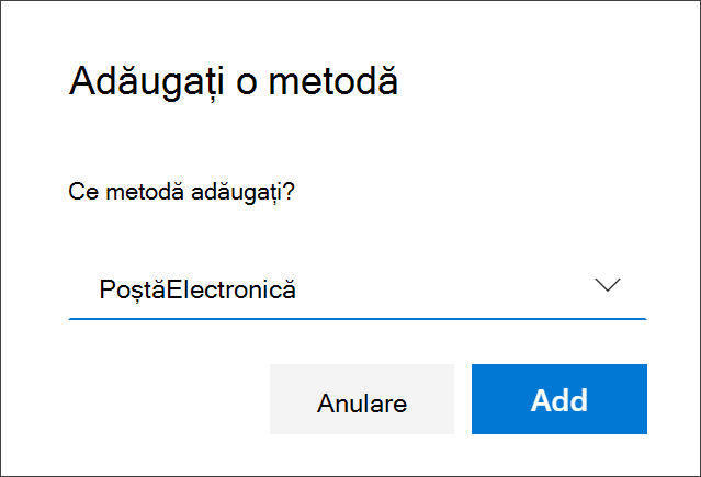 Caseta Adăugați o metodă, cu e-mailul selectat