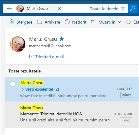 Căutarea unei persoane pentru a vedea toate mesajele de e-mail