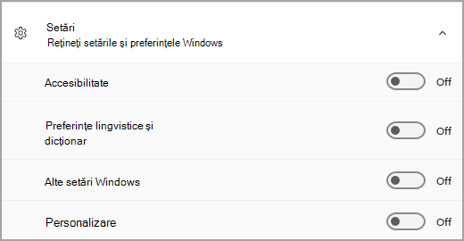 Secțiunea Setări din Salvare de rezervă Windows.