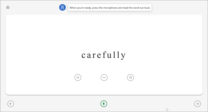vizualizare în ecran complet a paginii de îndrumătorul pentru citire al elevului/studentului. cuvântul este afișat cu atenție cu butoane pentru a reda cuvântul, a întinde cuvântul sau a vedea o imagine dedesubt. un microfon verde se află în partea din centru jos a paginii.