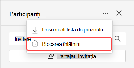 Imagine afișând lista verticală Participanți cu opțiunea de blocare a întâlnirii.