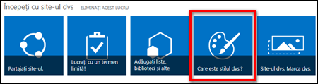 Site-ul nou creat din SharePoint Online, afișând dale pe care se poate face clic pentru a particulariza și mai mult site-ul