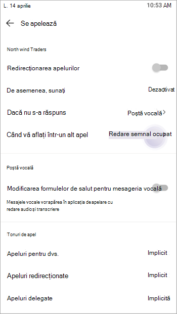 Utilizatorul poate controla modul în care dorește să gestioneze al doilea apel primit prin setarea Ocupat-on-Busy.