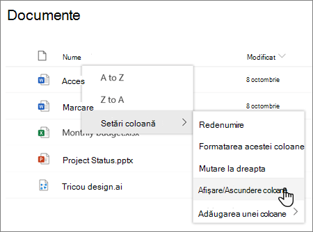 The Column settings > Show/hide columns option when a column heading is selected in a modern SharePoint list or library