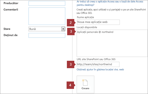 Noul ecran de creare a aplicației web Access